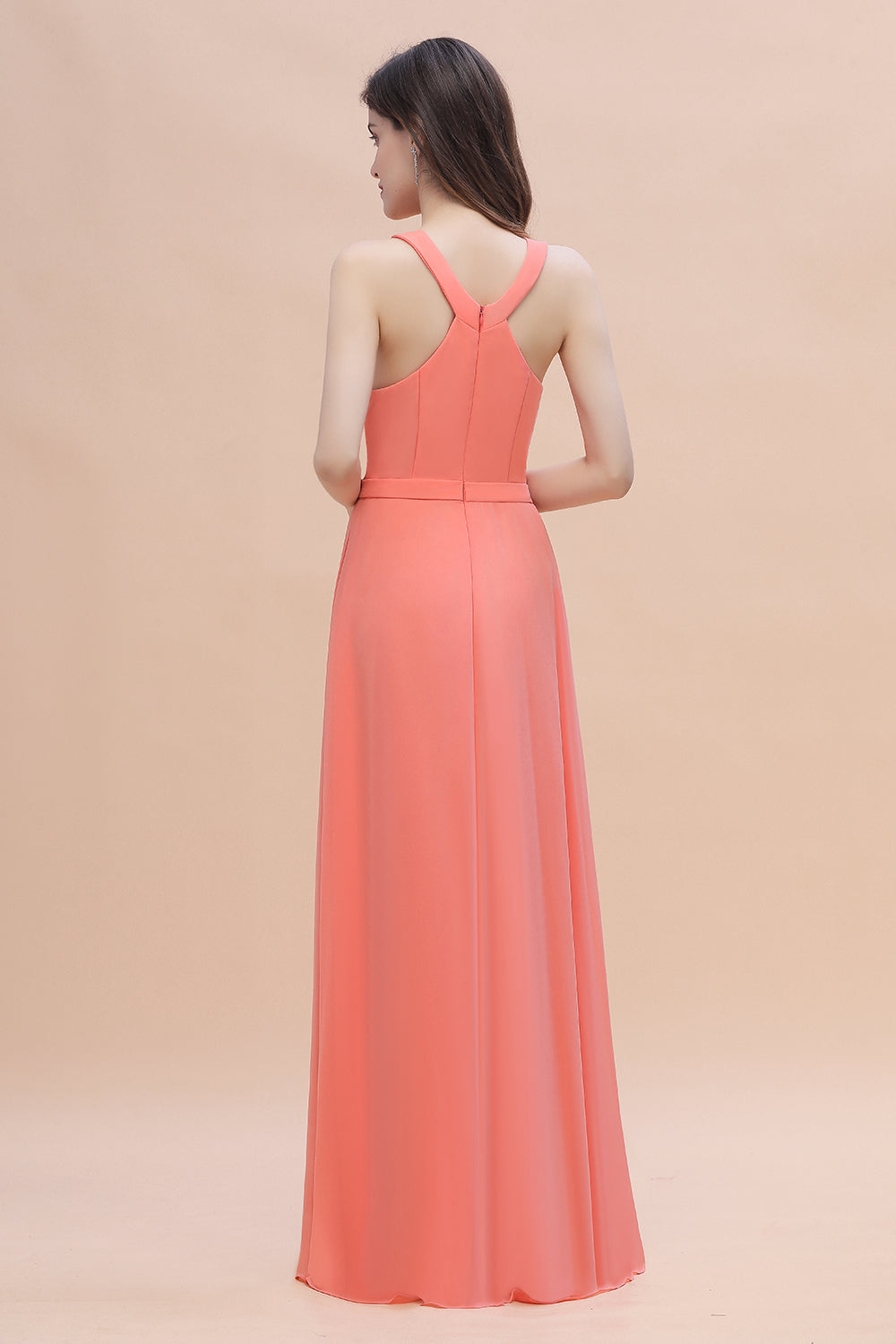 Simple Jewel Sleeveless Coral Chiffon Bridesmaid Dresses - Fashionpara