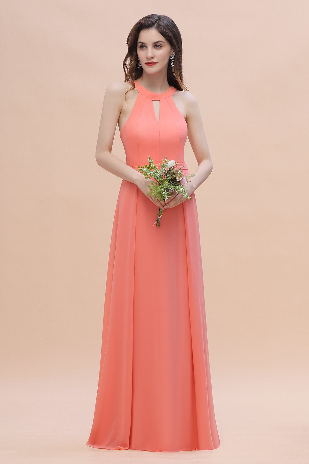 Simple Jewel Sleeveless Coral Chiffon Bridesmaid Dresses - Fashionpara