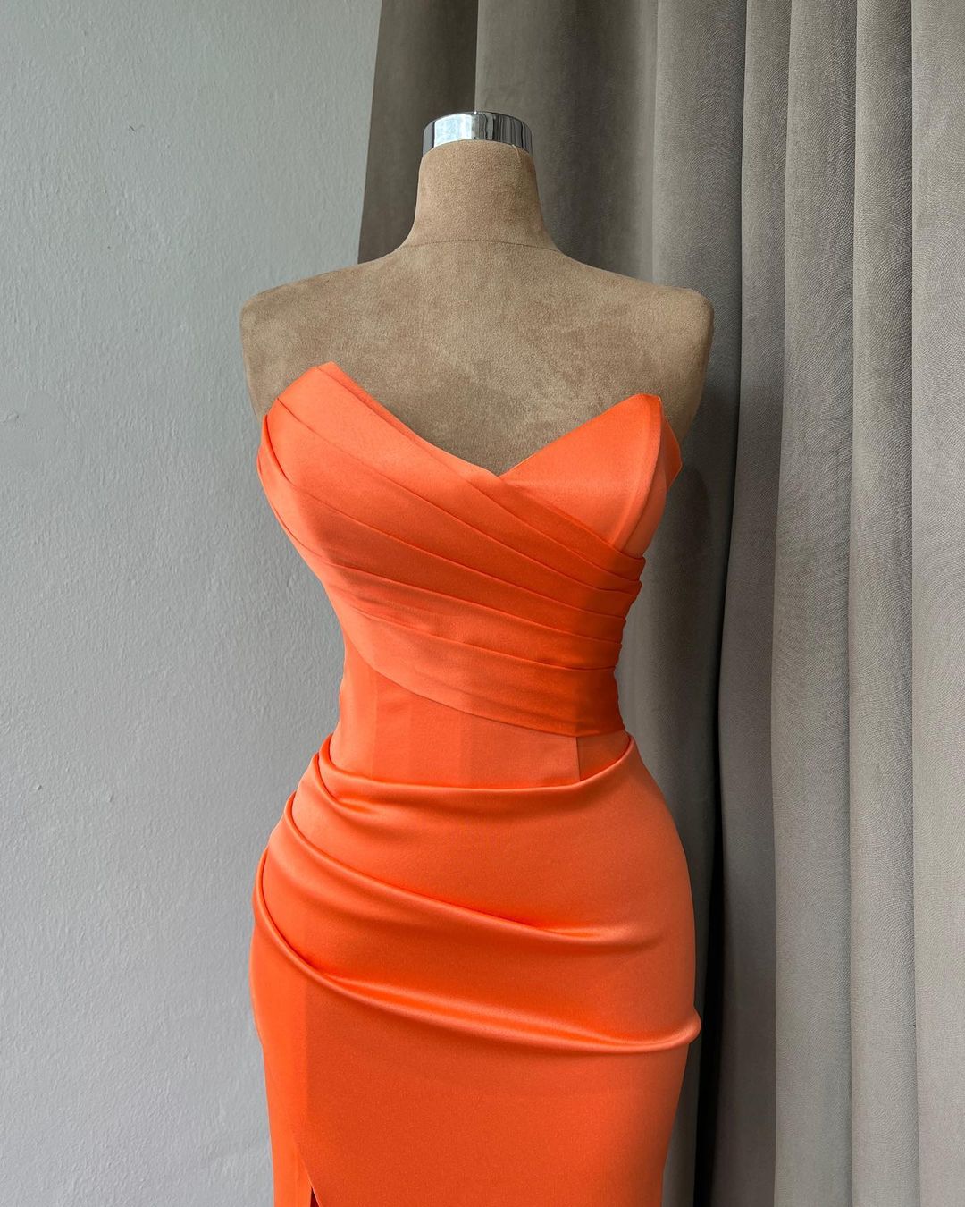 Beautiful Mermaid Orange Strapless Satin Prom Dress With Slit - Fashionpara