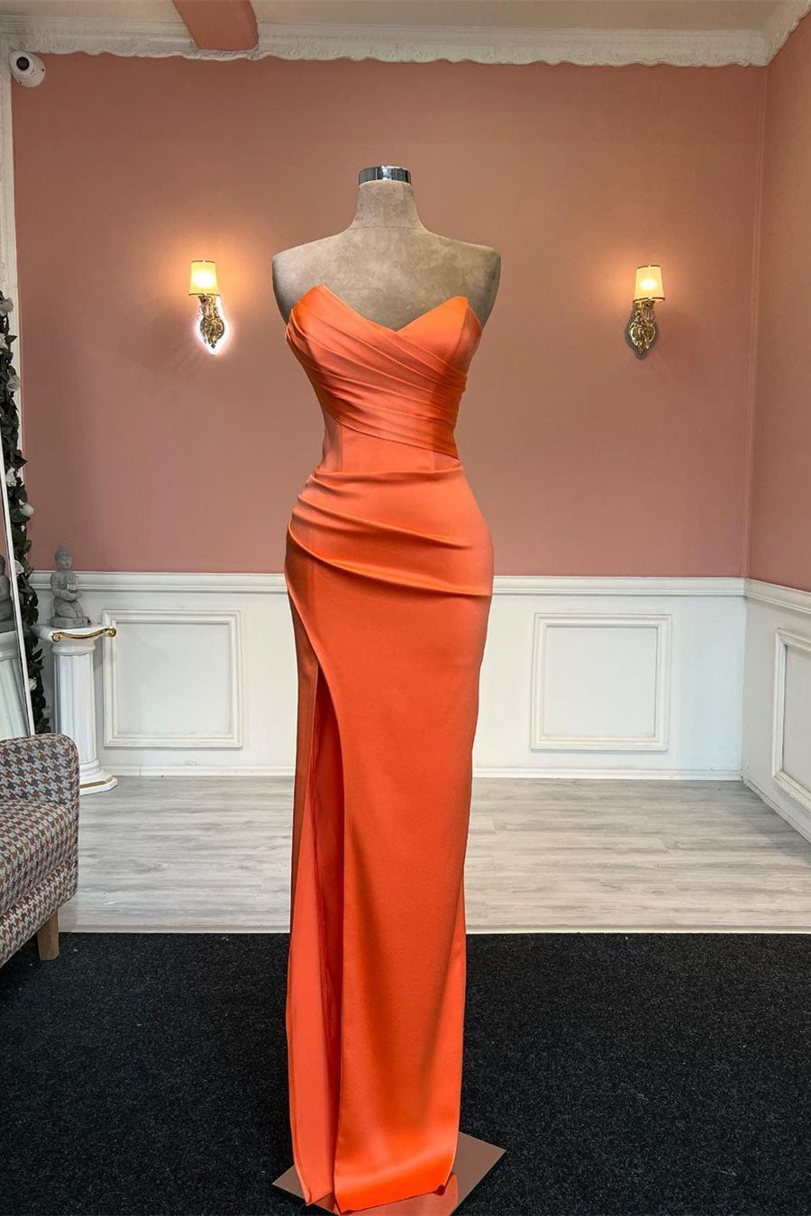 Beautiful Mermaid Orange Strapless Satin Prom Dress With Slit - Fashionpara