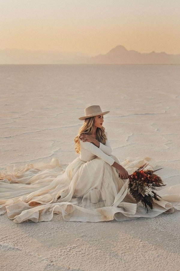 Simple Long Sleeves Wedding Reception Dress Tulle - Fashionpara