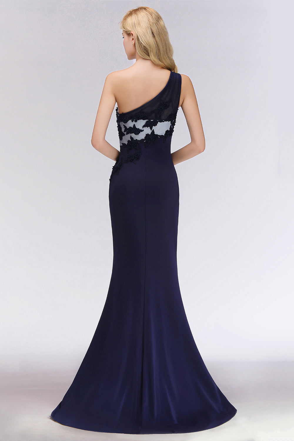 Simple Mermaid One-Shoulder Navy Bridesmaid dresses with Slit - Fashionpara