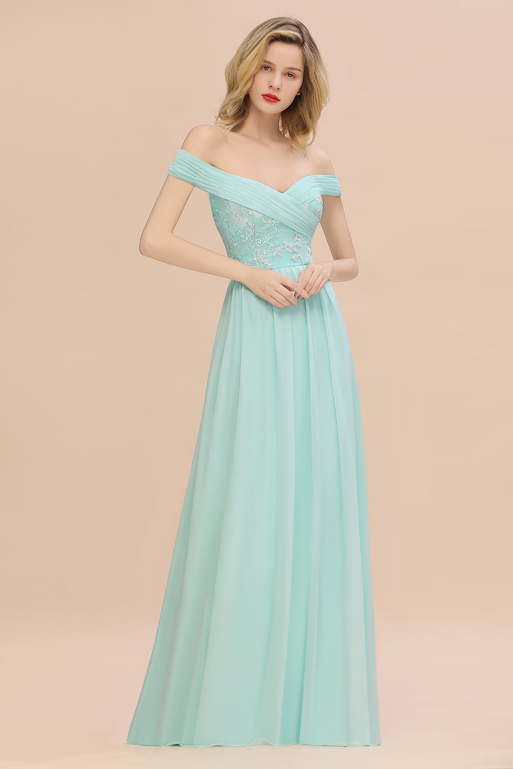 Simple Off-the-shoulder Long Affordable Bridesmaid Dresses With Appliques - Fashionpara