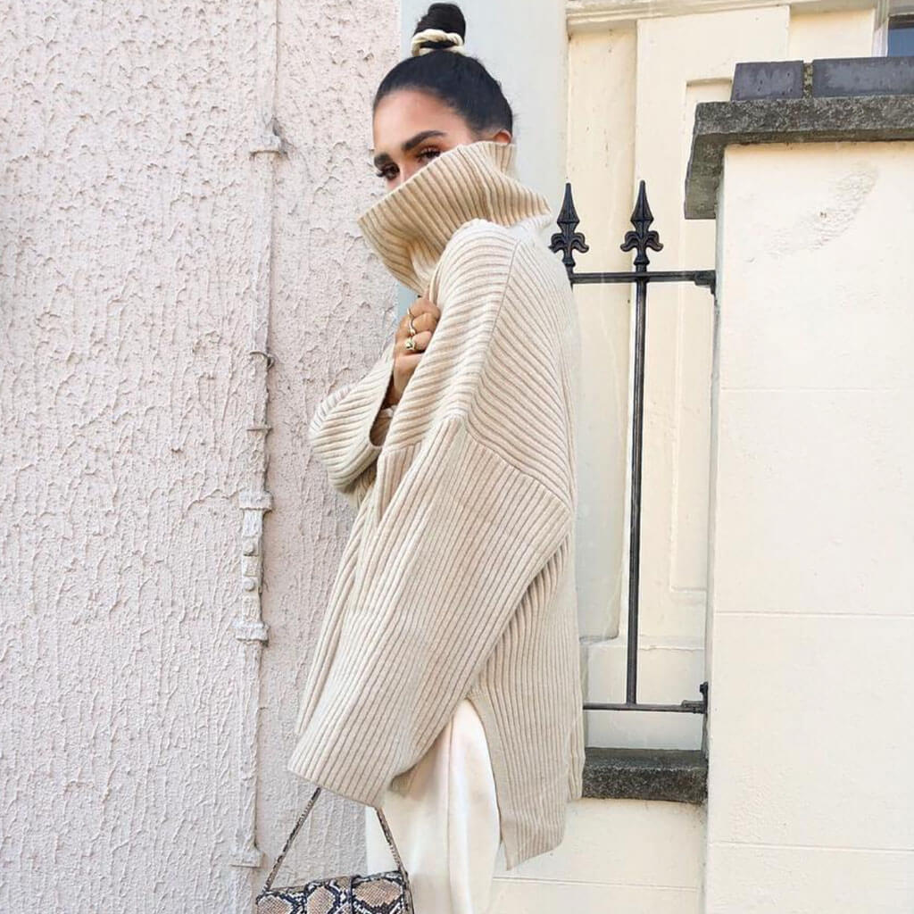 Rib Split Hem Turtleneck Pullover Sweater - Khaki 3