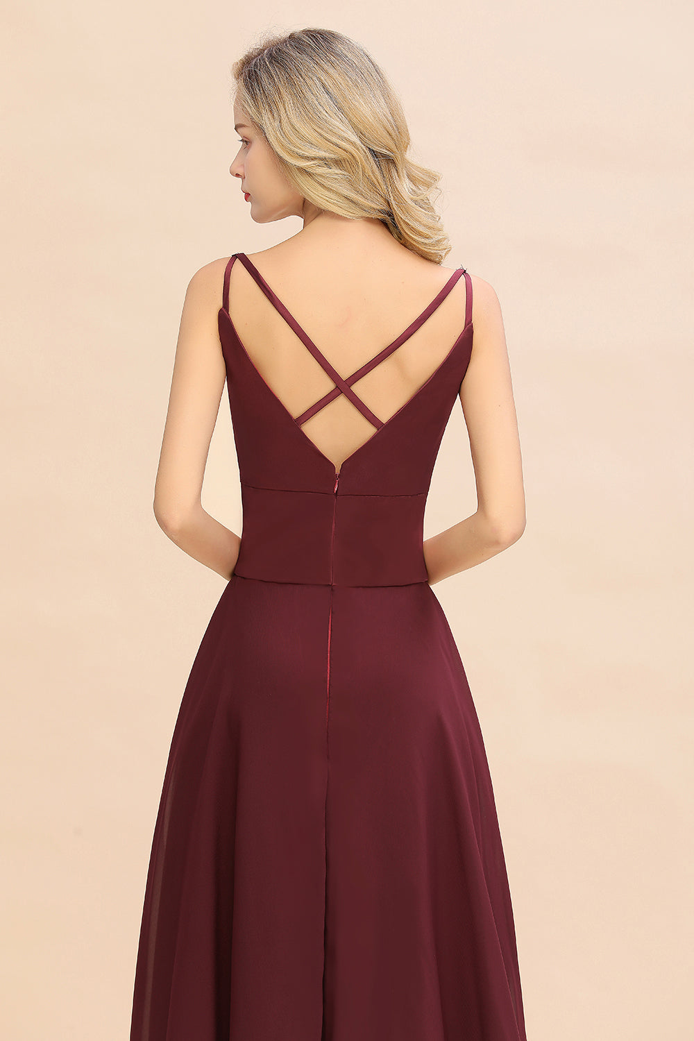 Simple Satin Chiffon Spaghetti-Straps Burgundy Long Bridesmaid Dresses - Fashionpara