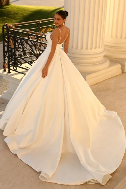 Simple Spaghetti Straps Sleeveless Ball Gown Satin Wedding Dress with Classic Silhouette - Fashionpara