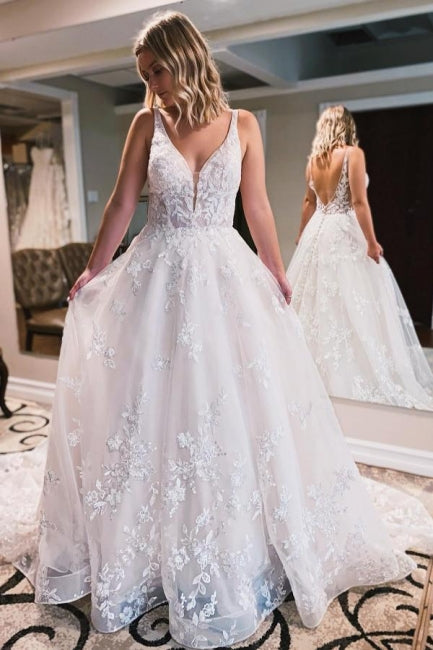 Simple Spaghetti Straps Sleeveless A-Line Lace Wedding Dress - Fashionpara