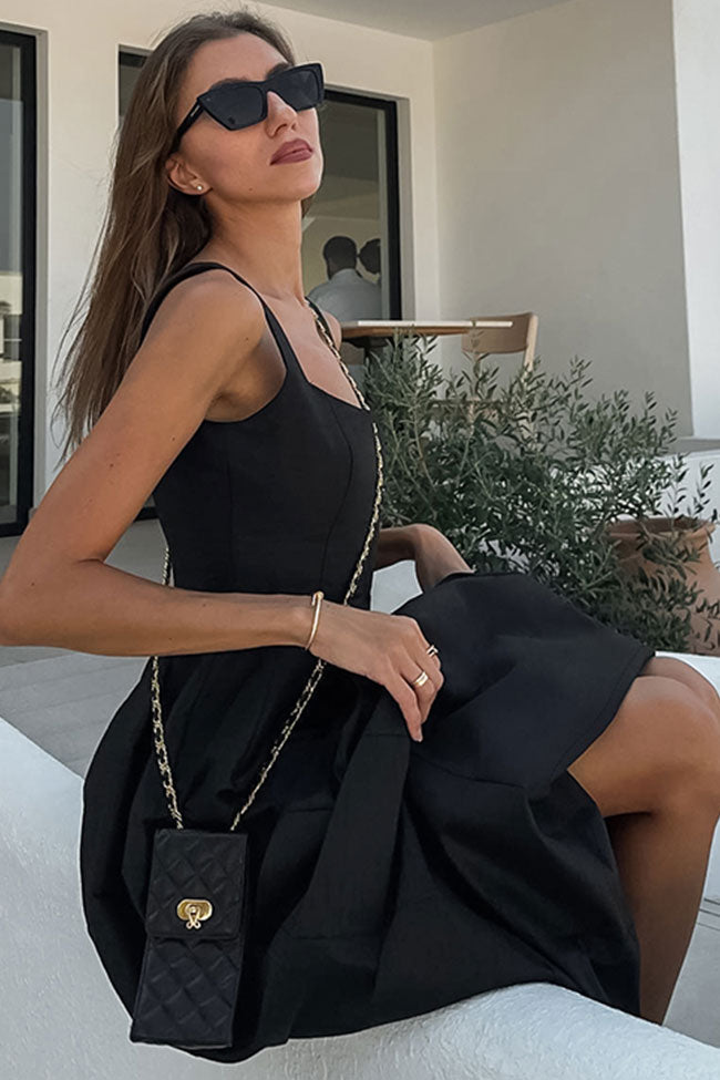 Simple Square Neck Fit and Flare Summer Maxi Tank Sundress - Black - Fashionpara