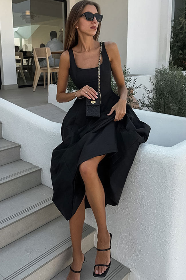 Simple Square Neck Fit and Flare Summer Maxi Tank Sundress - Black - Fashionpara