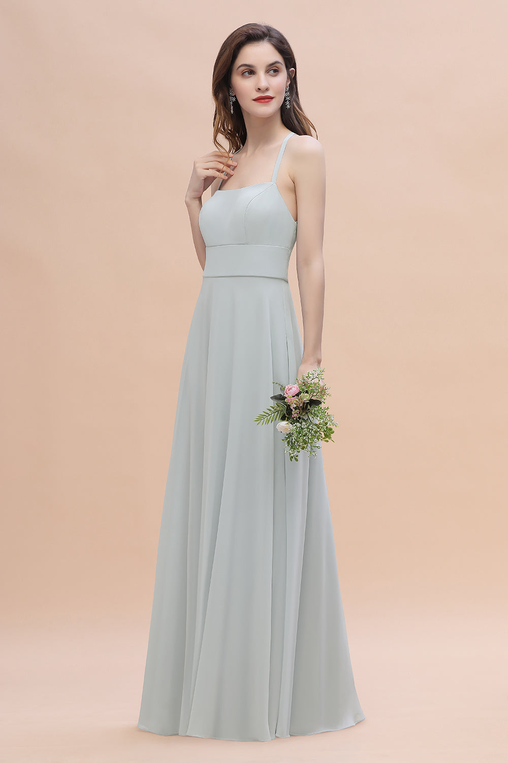 Simple Straps A-line Chiffon Mist Bridesmaid Dresses with Ruffles - Fashionpara