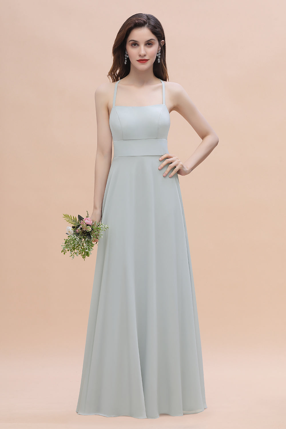 Simple Straps A-line Chiffon Mist Bridesmaid Dresses with Ruffles - Fashionpara