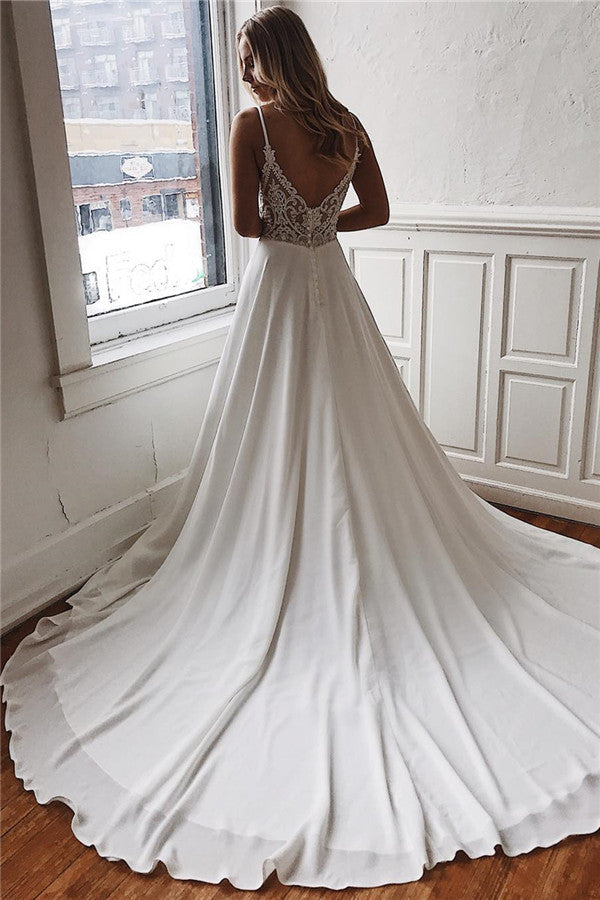 Simple V-Neck Sleeveless Chiffon Wedding Dress - Fashionpara