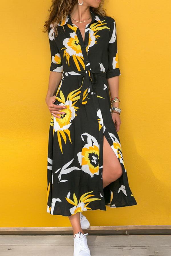 Single Breasted Long-sleeved Chiffon Print Dress