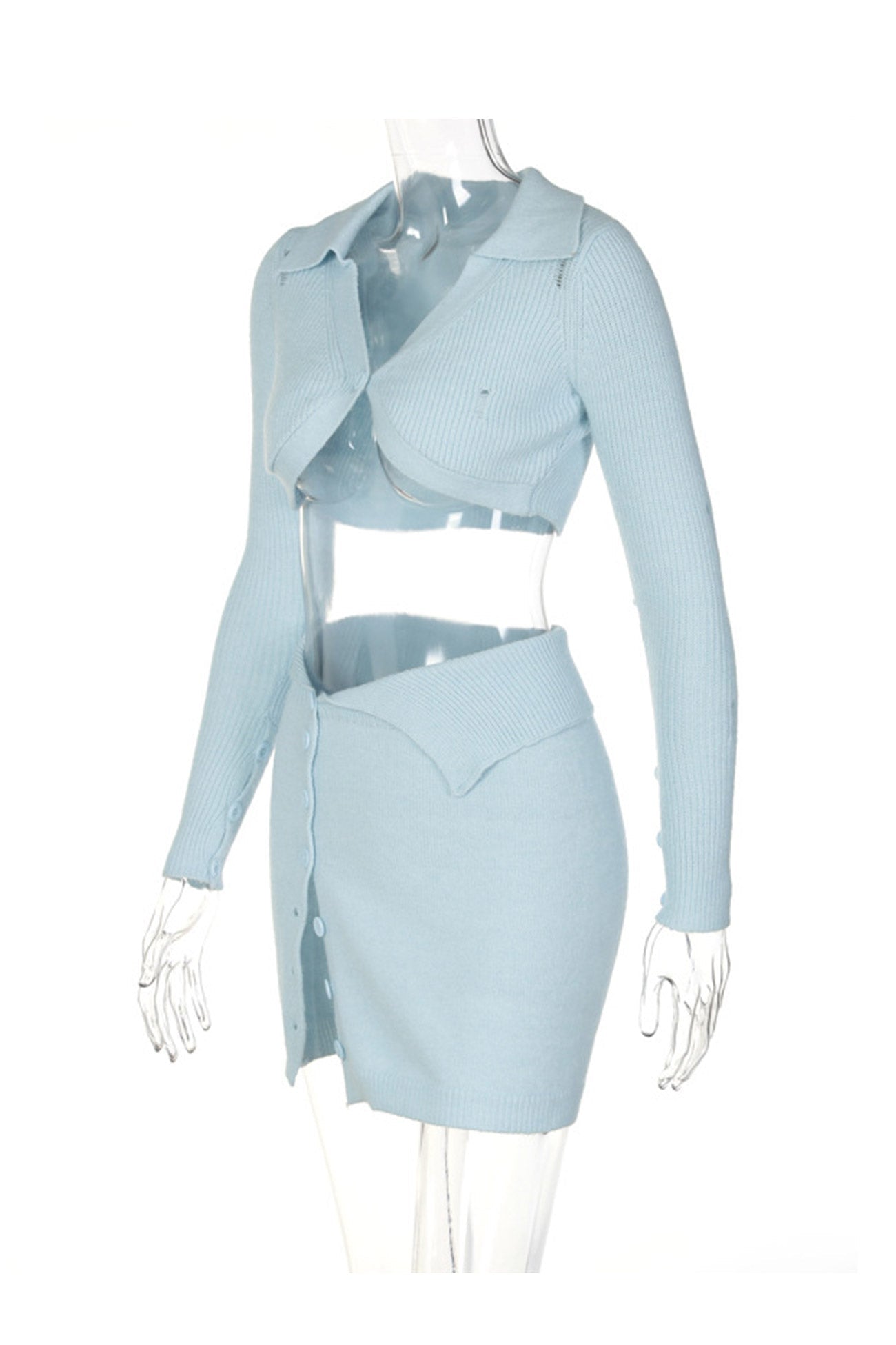 Sky Blue Button-Front Knitted Two Piece Skirts