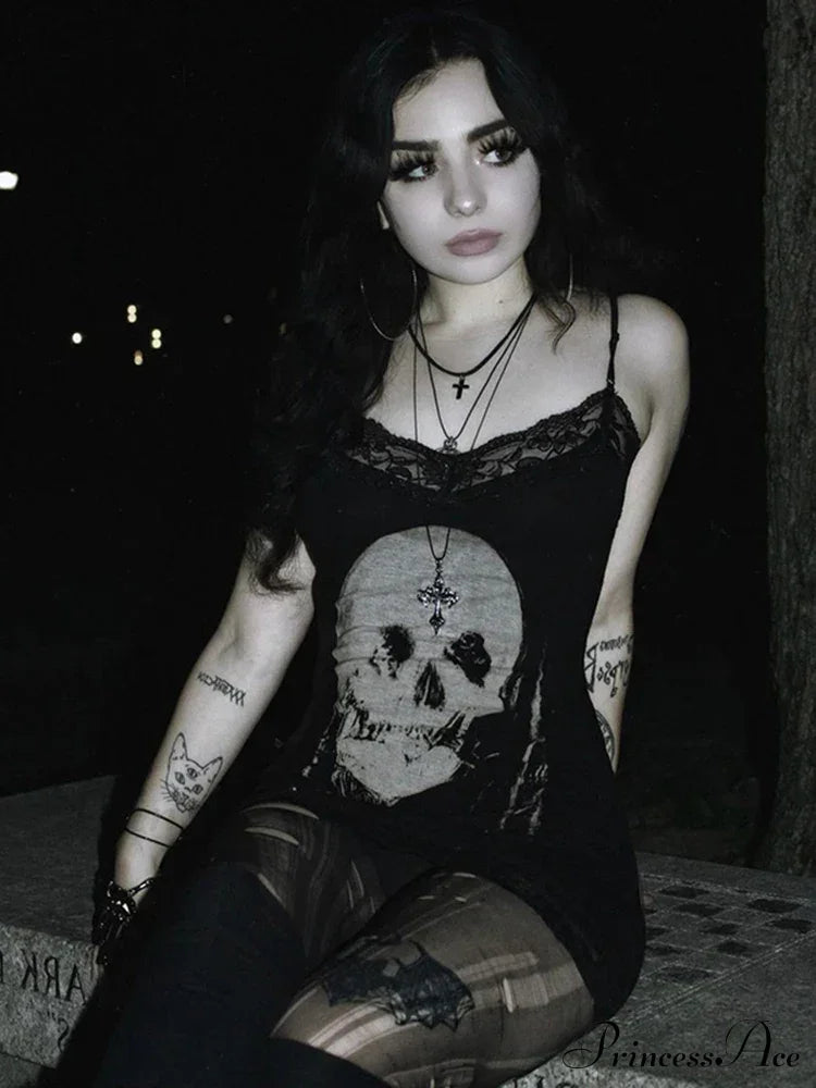 Skull Print Club Party Cami Mini Harajuku Emo Grunge Punk Backless Lace Trim Dress