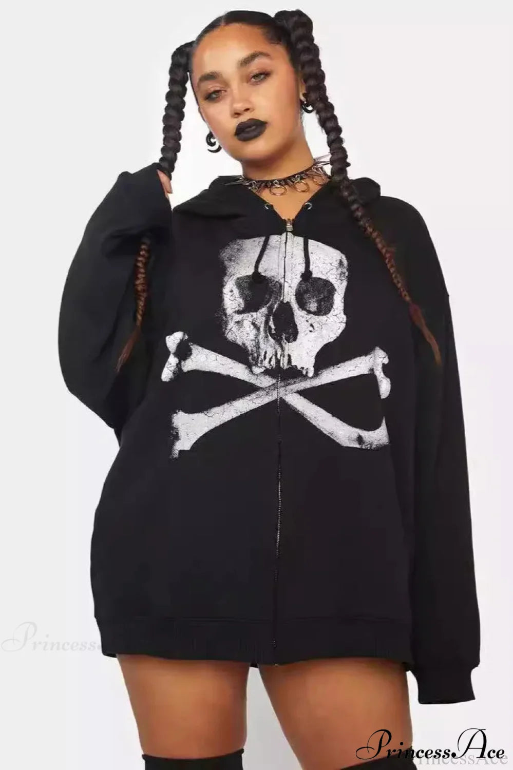 Skull Print Zip Up Hoodie