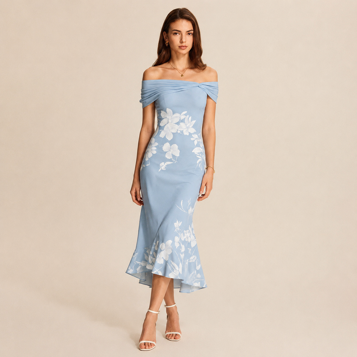Off Shoulder Twist Front Floral High Low Fishtail Midi Dress