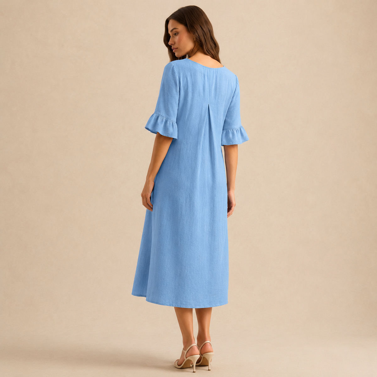 Notch Neck Wooden Button Front Pleated A-Line Midi Dress 15