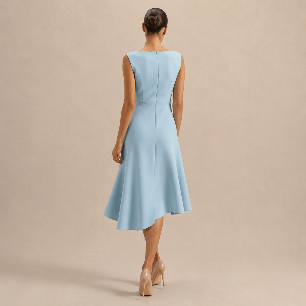 Boat Neck Sleeveless Ruched Ruffle High Low Midi Dress 12