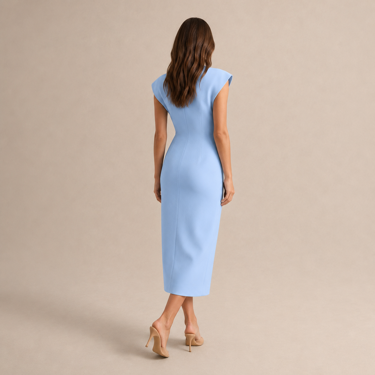 Stand Collar Cap Sleeve Split Neck Bodycon Midi Dress 12