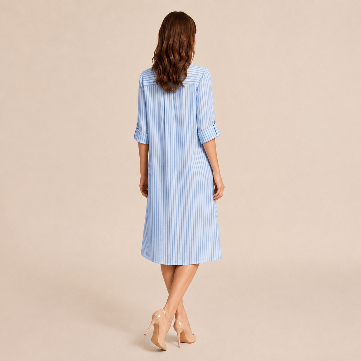 Striped Collared Roll Sleeve Button Front Shirt Dress 12