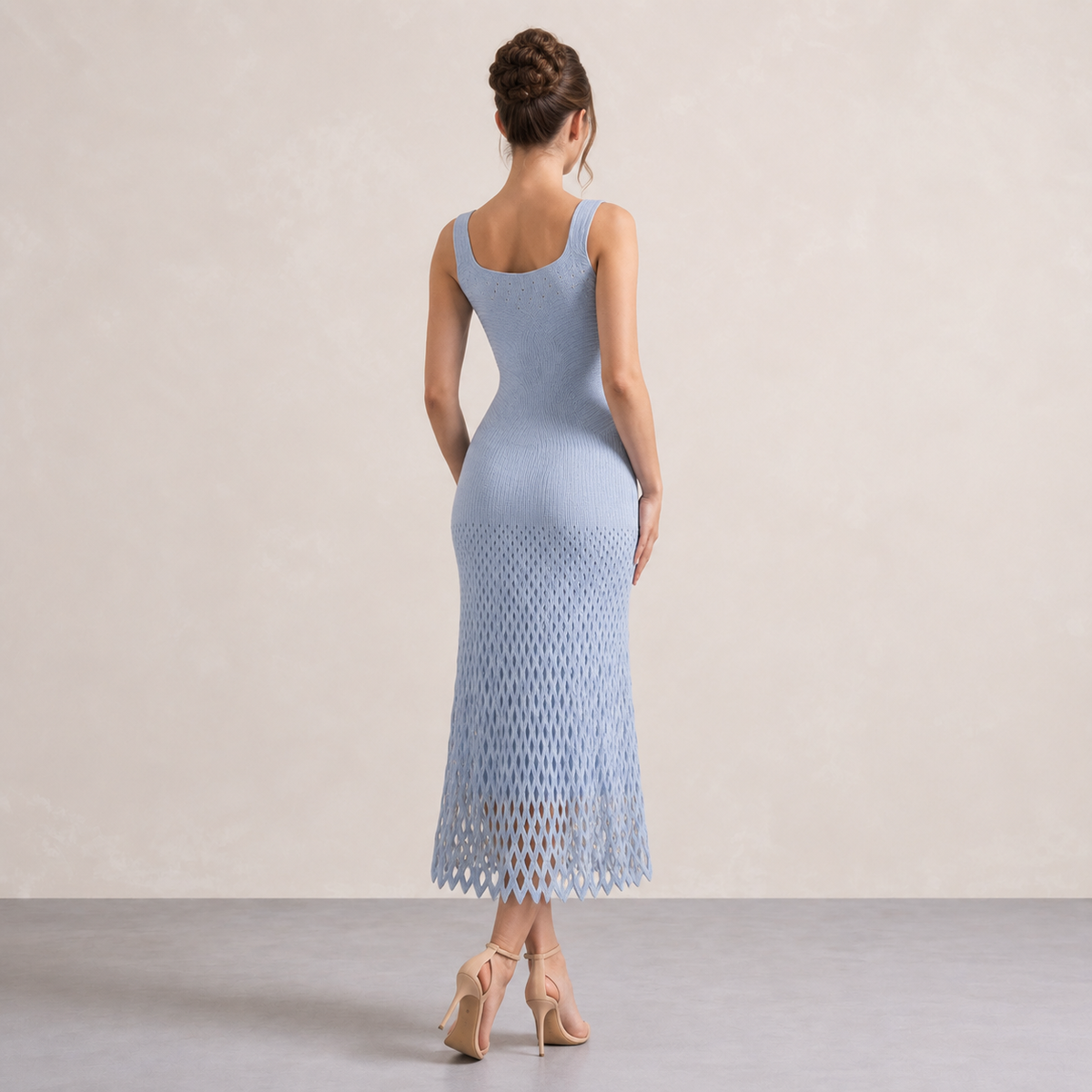 Square Neck Sleeveless Open Knit Bodycon Midi Dress 3