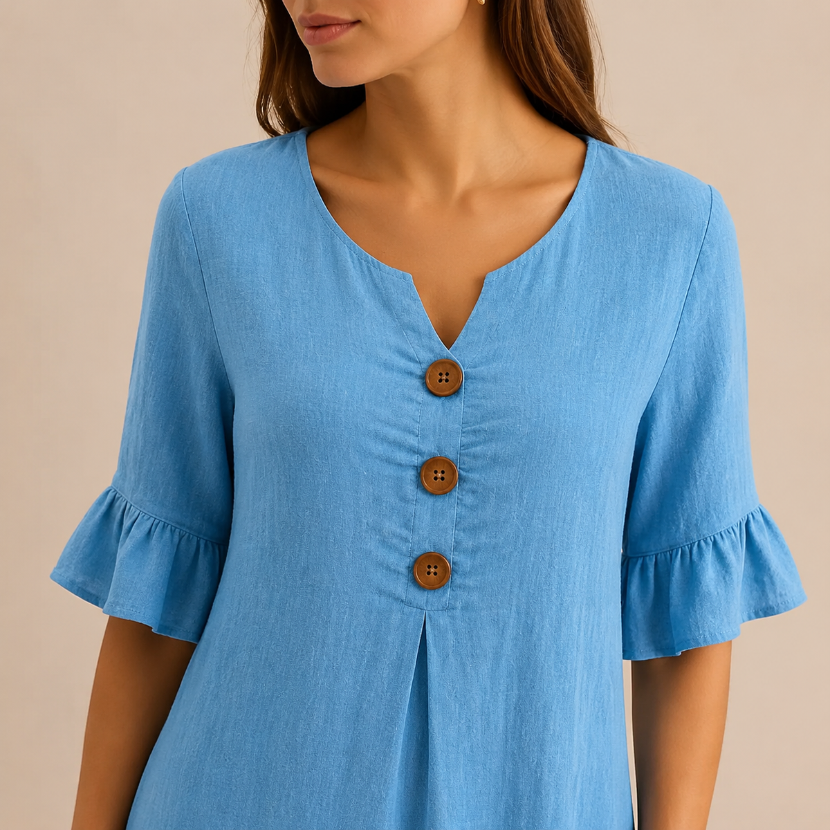 Notch Neck Wooden Button Front Pleated A-Line Midi Dress 14