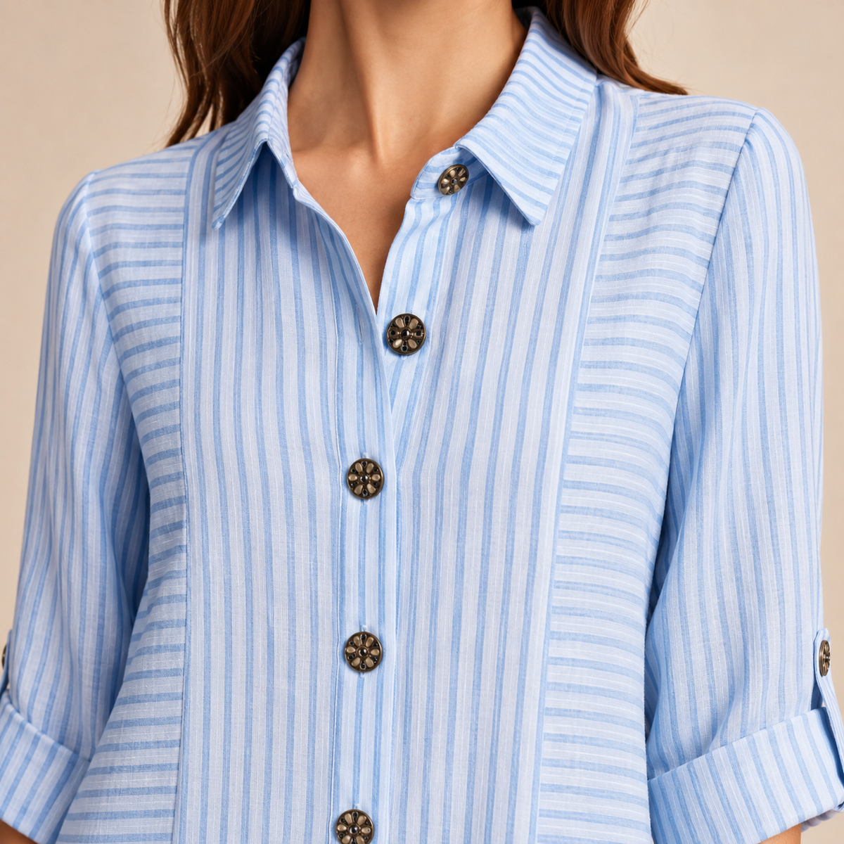 Striped Collared Roll Sleeve Button Front Shirt Dress 11