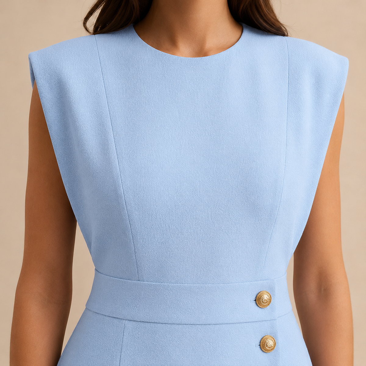 Round Neck Shoulder Pad Button Front Split Midi Dress 11