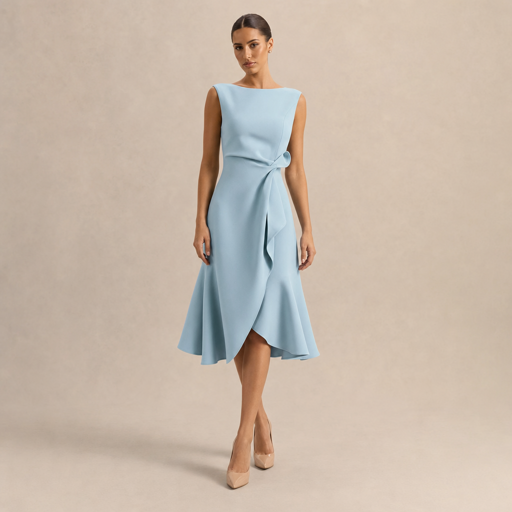 Boat Neck Sleeveless Ruched Ruffle High Low Midi Dress 10