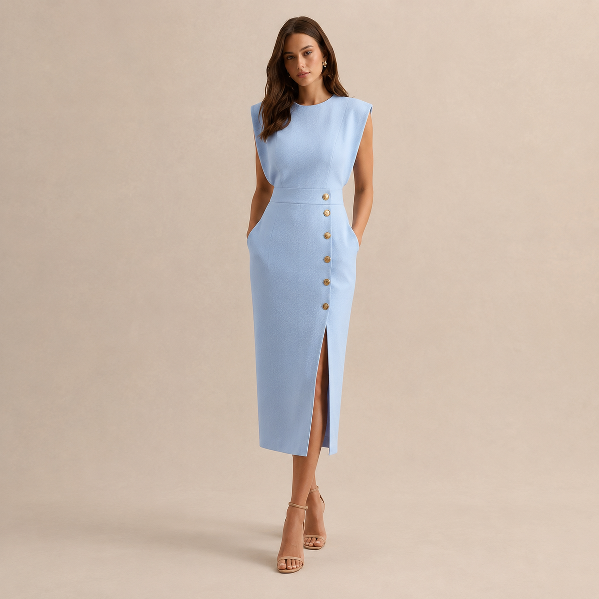 Round Neck Shoulder Pad Button Front Split Midi Dress 10