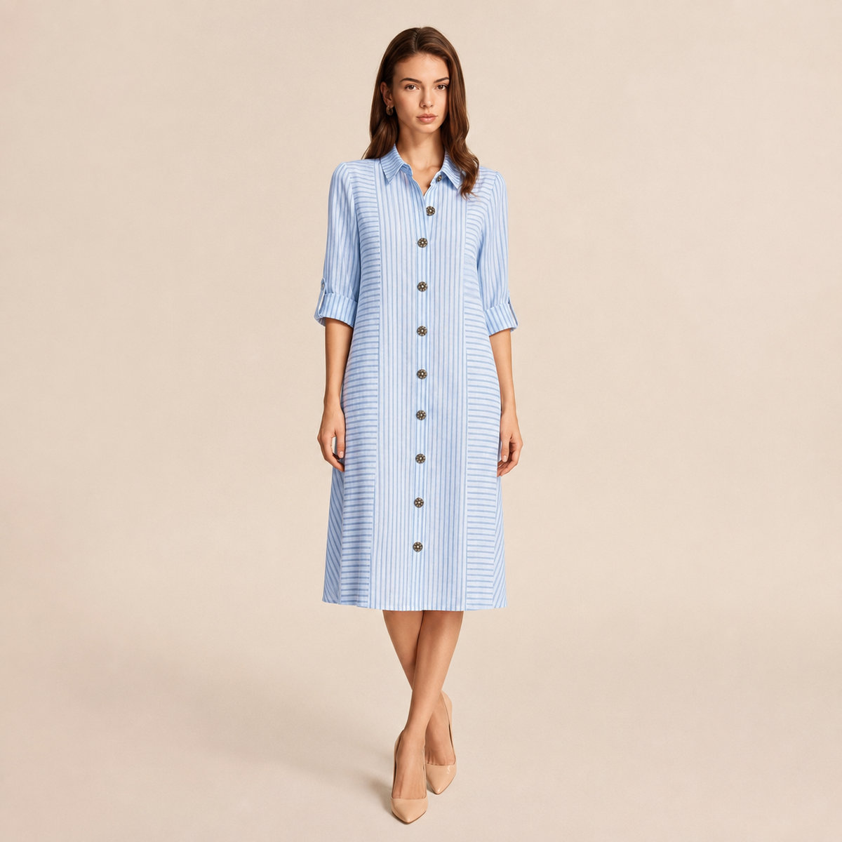Striped Collared Roll Sleeve Button Front Shirt Dress 10