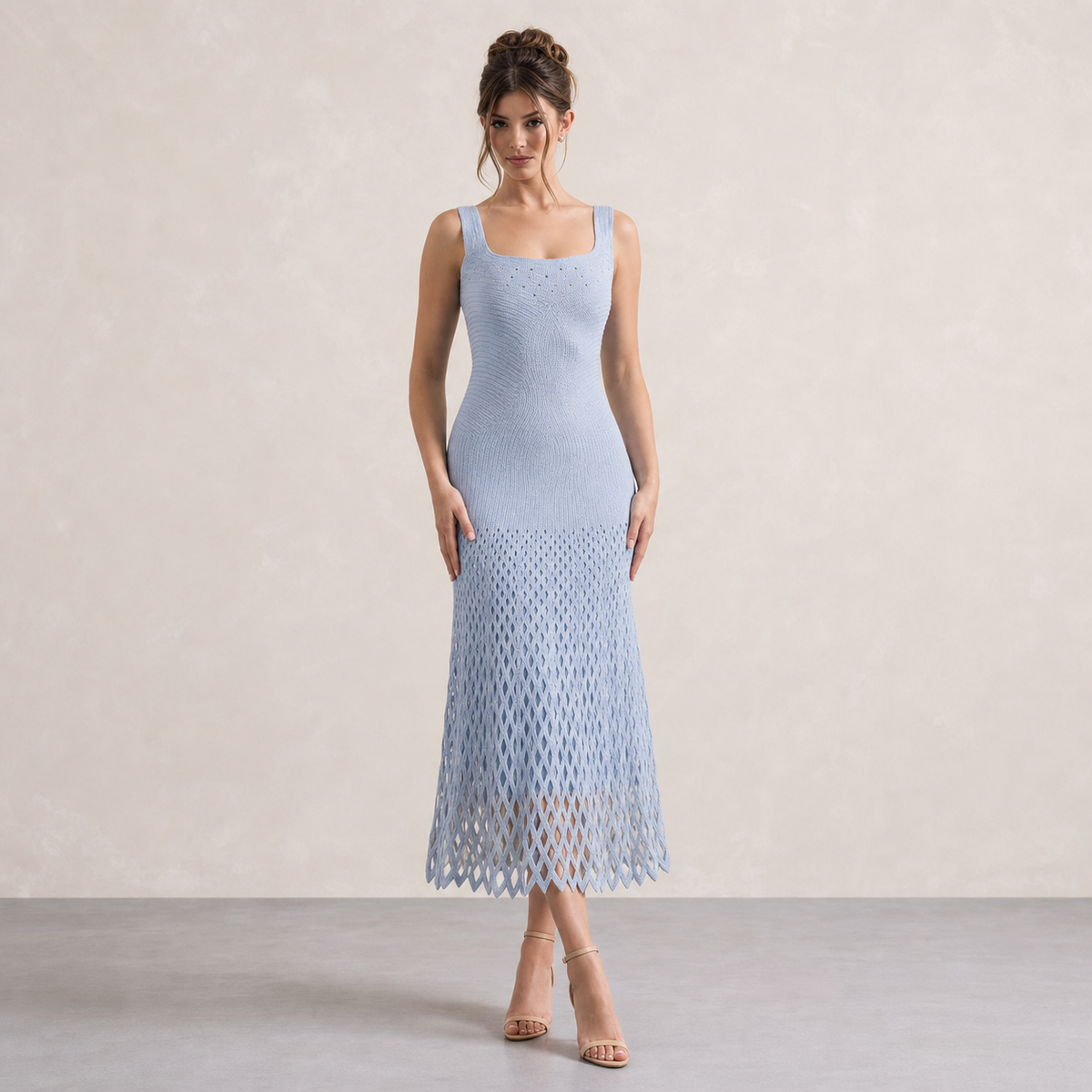 Square Neck Sleeveless Open Knit Bodycon Midi Dress