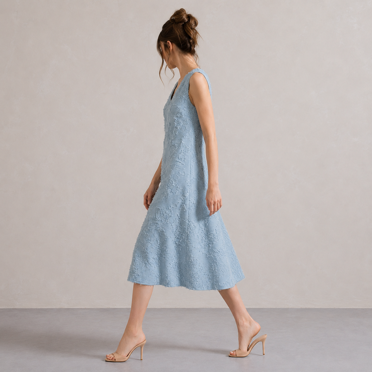 V-Neck Sleeveless Textured Fringe Shift Midi Dress 8