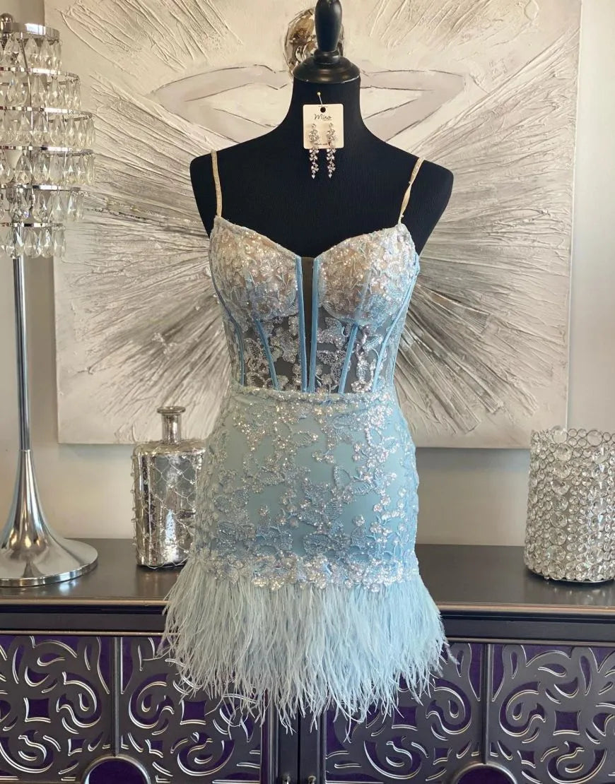 Sky Blue Corset Lace Tight Short Homecoming Dress with Feather Details - Fashionpara