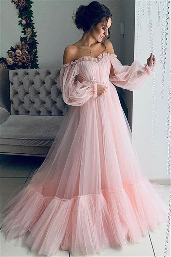 Sky Blue Long Sleeves Prom Dress Mermaid Tulle Evening Gowns - Fashionpara