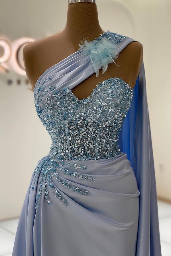 Sky Blue Mermaid Prom Dress Long One Shoulder With Ruffle - Fashionpara