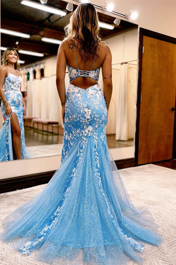 Sky Blue Spaghetti-Straps Prom Dress Mermaid Long With Appliques - Fashionpara