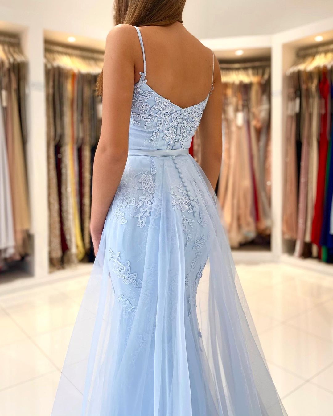Sky Blue Spaghetti-Straps Prom Dress Mermaid With Lace Appliques - Fashionpara