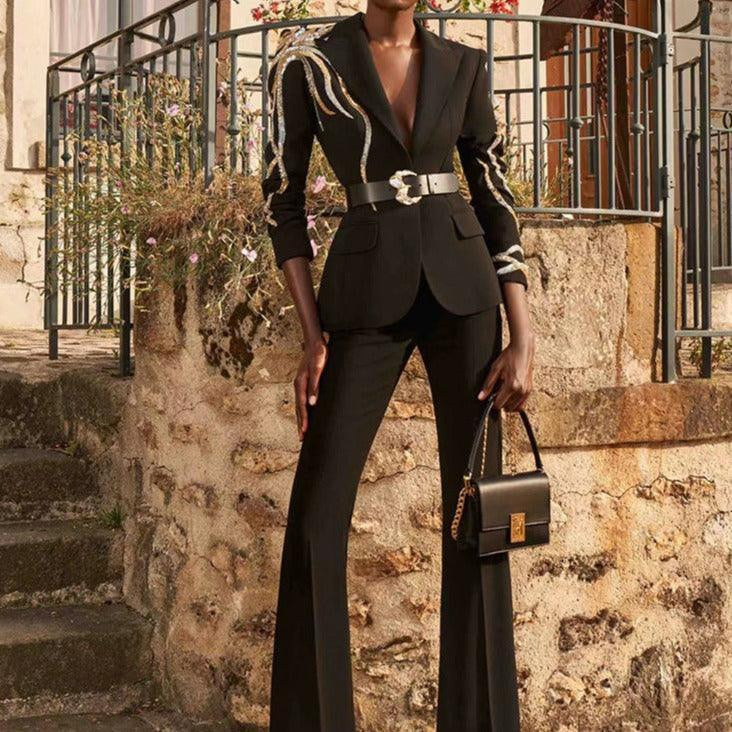 KittenAlarm - Skyla Long Sequin Blazer With Flare Pants