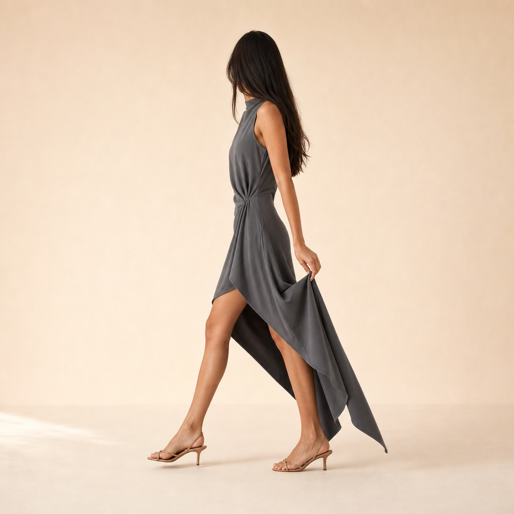 High Neck Sleeveless Twist Front Asymmetric Draped Midi Dress 5