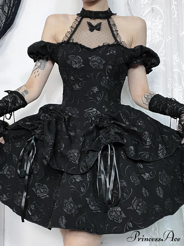 Sleeveless Halter Neck Bow Vintage Backless Cold Shoulder Print Lace Up A-Line Swing Dress