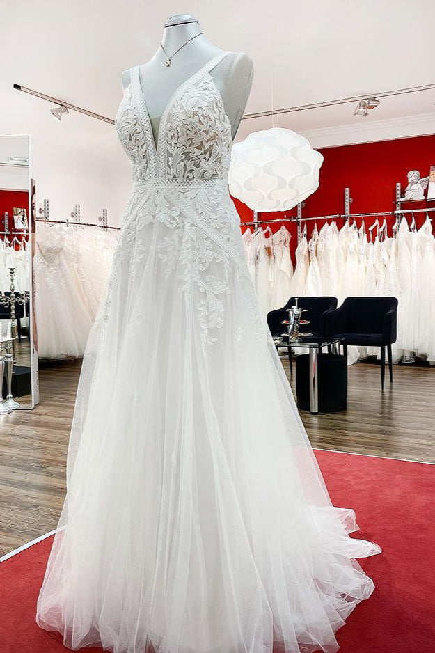 Sleeveless Ivory Lace Appliques A-Line Wedding Dresses - Fashionpara