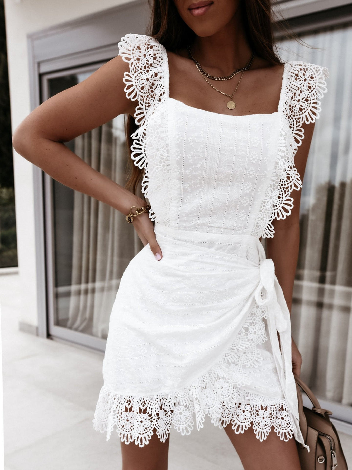 Eyelet Lace Square Neck Ruffle Strap Wrap Tie Waist Mini Dress