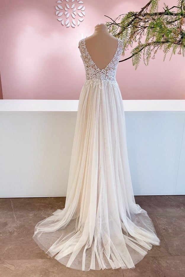Sleeveless Long Wedding Dress Lace Appliques Tulle Bridal Gown - Fashionpara