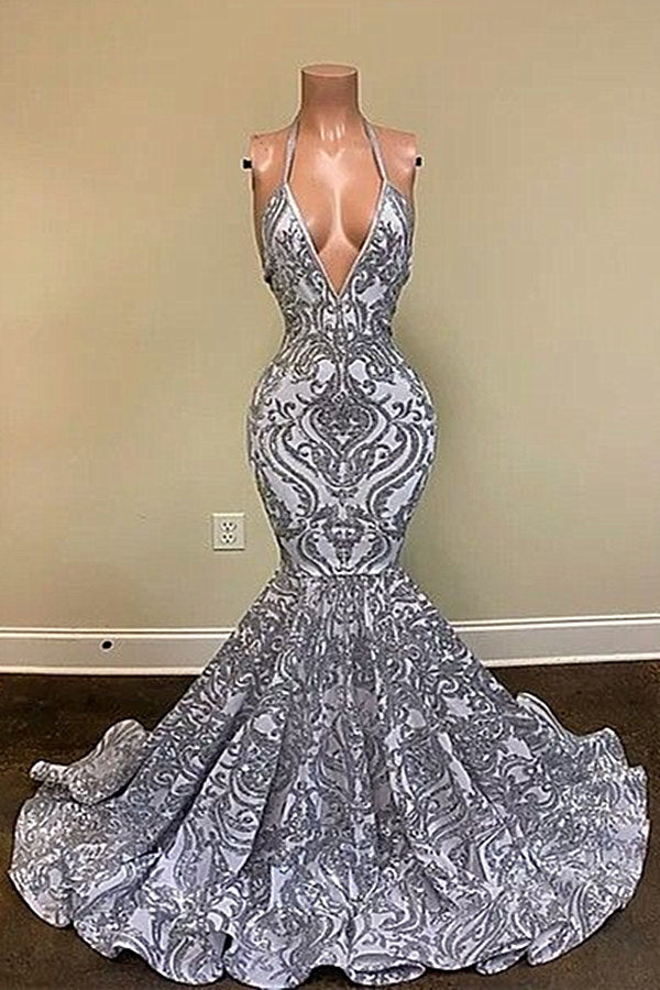 Sleeveless Sequins Silver Prom Dress Mermaid Long - Fashionpara