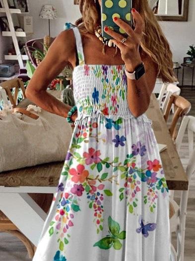 Floral Print Square Neck Smocked Sleeveless Maxi Dress
