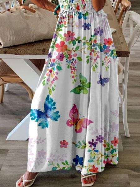 Floral Print Square Neck Smocked Sleeveless Maxi Dress