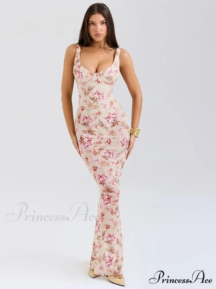 Floral Square Neck Bodycon Fishtail Maxi Dress