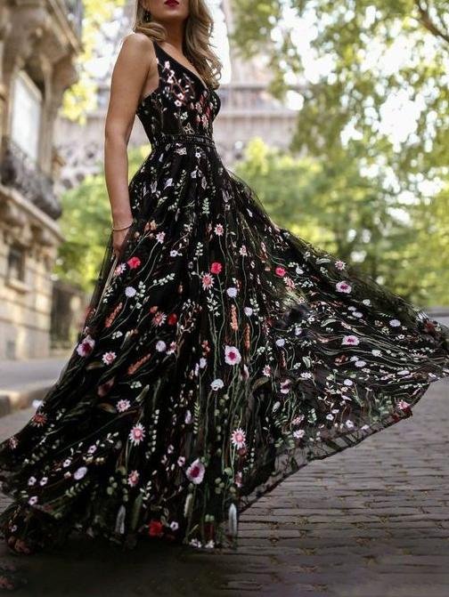 Embroidered Floral V-Neck Sleeveless Ball Gown